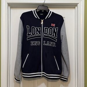 London England Varsity Zip Sweatshirt Navy Gray Union Jack Graphic Women’s L